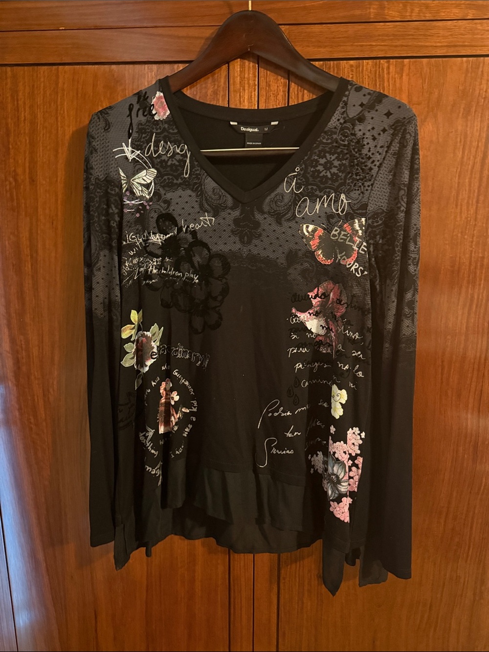 Desigual Black Long-Sleeve V-Neck Top with Multicolor Floral Accents